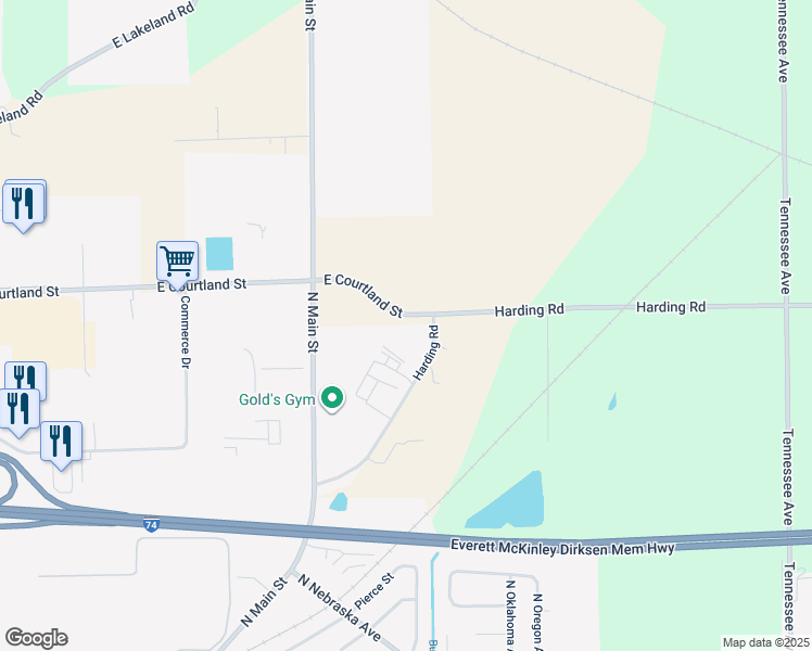 map of restaurants, bars, coffee shops, grocery stores, and more near 25775 Harding Road in Morton