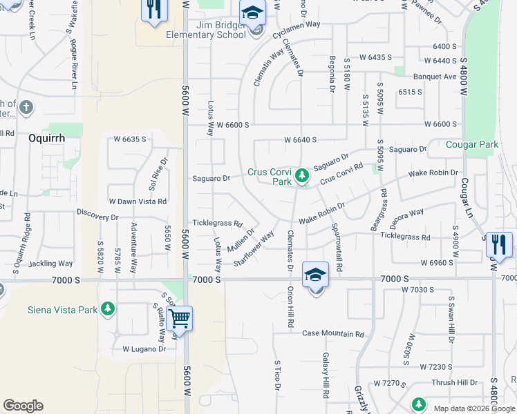 map of restaurants, bars, coffee shops, grocery stores, and more near 6812 Cyclamen Drive in West Jordan