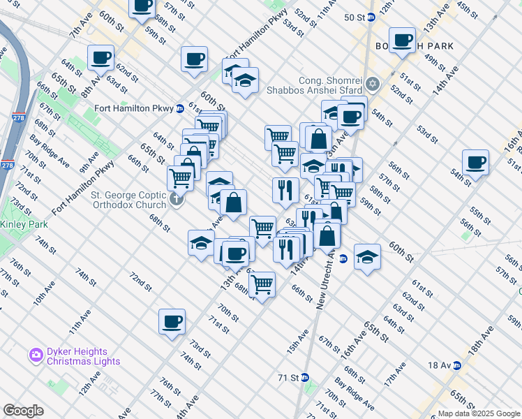 map of restaurants, bars, coffee shops, grocery stores, and more near 1261 63rd Street in Brooklyn
