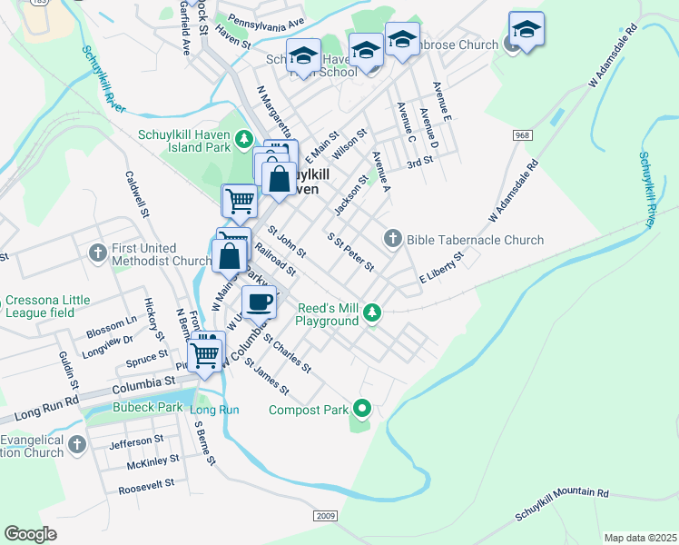 map of restaurants, bars, coffee shops, grocery stores, and more near 309 Saint John Street in Schuylkill Haven