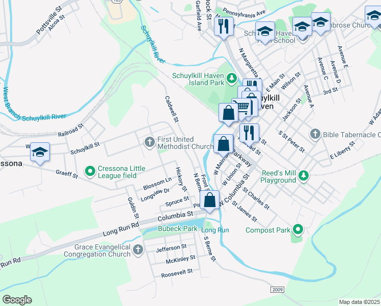 map of restaurants, bars, coffee shops, grocery stores, and more near 238 North Berne Street in Schuylkill Haven