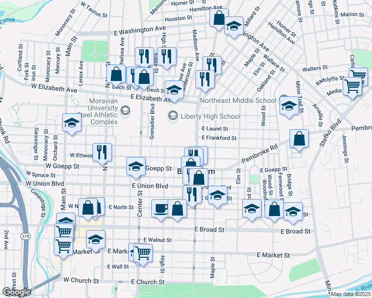 map of restaurants, bars, coffee shops, grocery stores, and more near 250 E Fairview St in Bethlehem