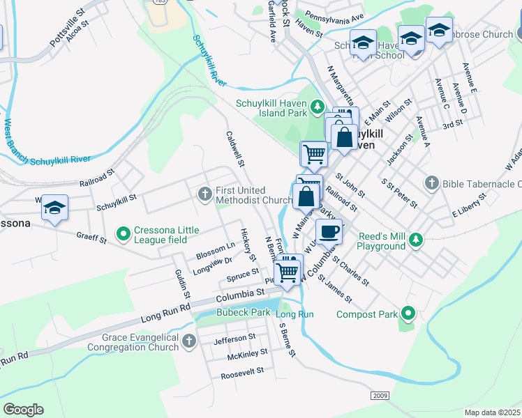 map of restaurants, bars, coffee shops, grocery stores, and more near 238 North Berne Street in Schuylkill Haven