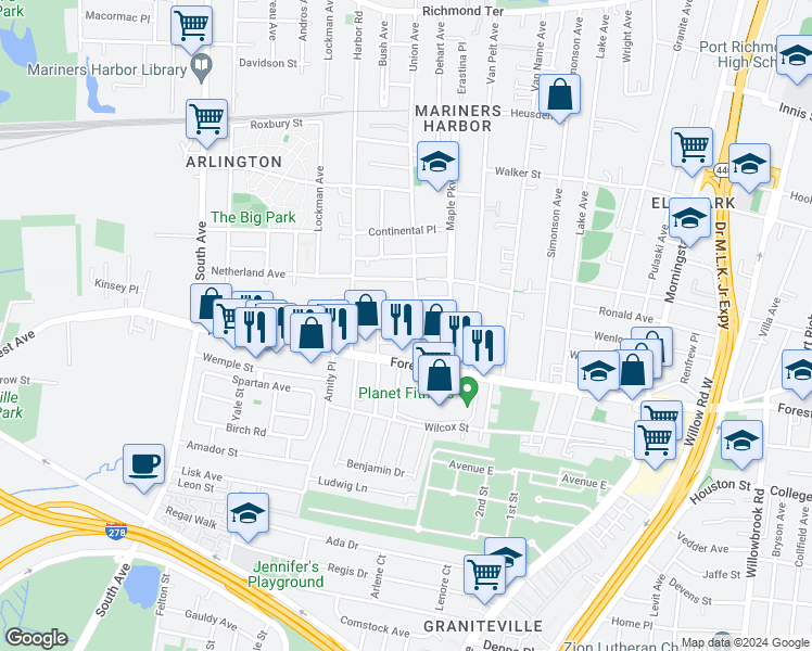 map of restaurants, bars, coffee shops, grocery stores, and more near 370 Union Avenue in Staten Island