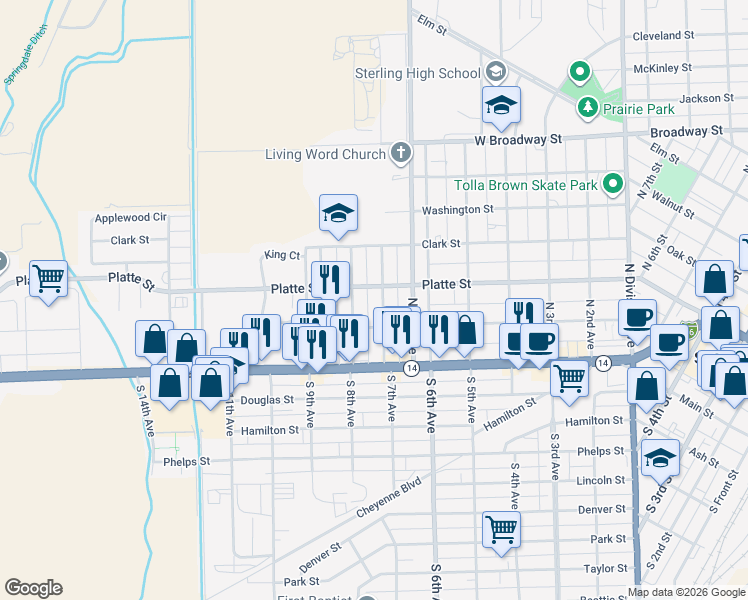 map of restaurants, bars, coffee shops, grocery stores, and more near 223 North 8th Avenue in Sterling