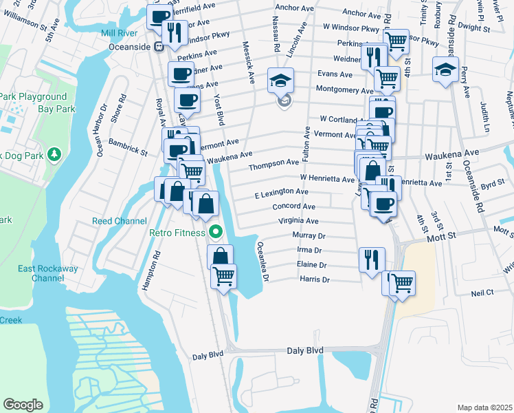 map of restaurants, bars, coffee shops, grocery stores, and more near 304 Concord Avenue in Oceanside