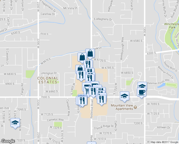 map of restaurants, bars, coffee shops, grocery stores, and more near 6828 S Redwood Rd in West Jordan