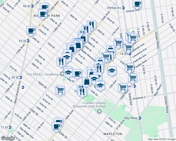 map of restaurants, bars, coffee shops, grocery stores, and more near 1714 52nd Street in Brooklyn