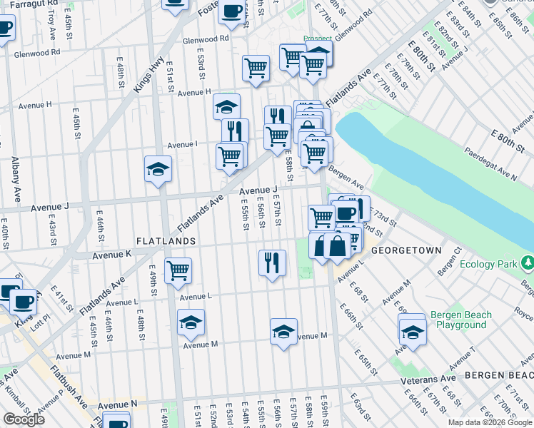 map of restaurants, bars, coffee shops, grocery stores, and more near 1040 East 57th Street in Brooklyn