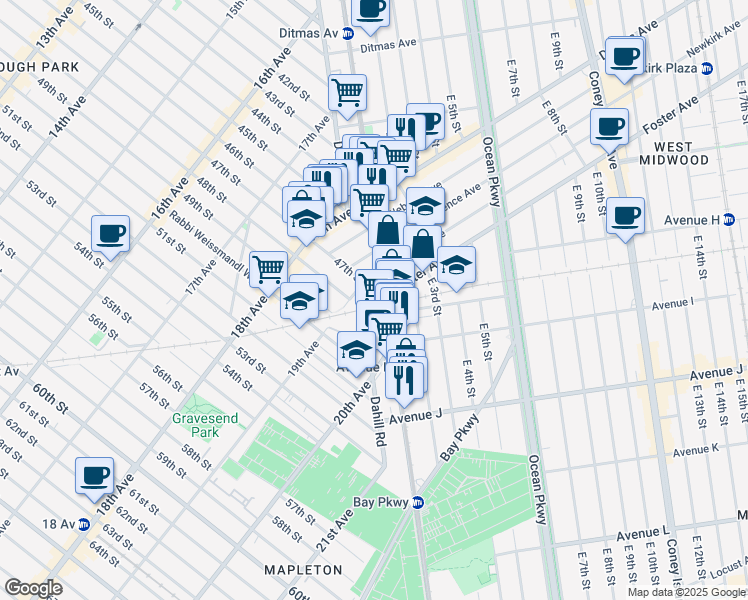 map of restaurants, bars, coffee shops, grocery stores, and more near 1070 McDonald Avenue in Brooklyn