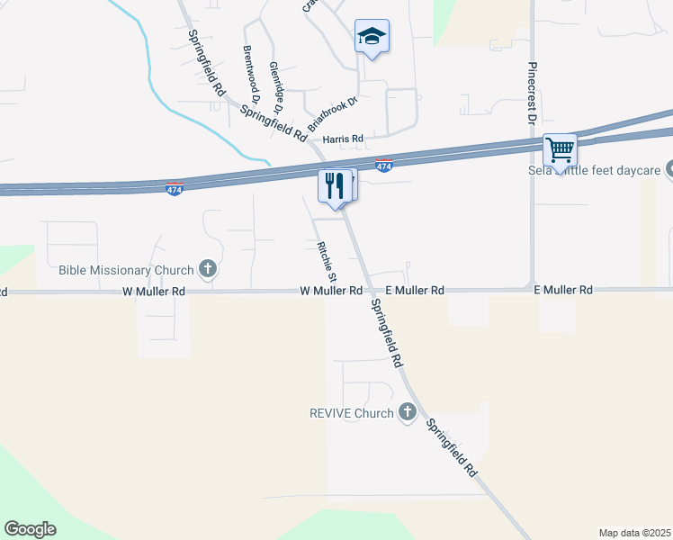map of restaurants, bars, coffee shops, grocery stores, and more near 116 Ritchie Street in East Peoria
