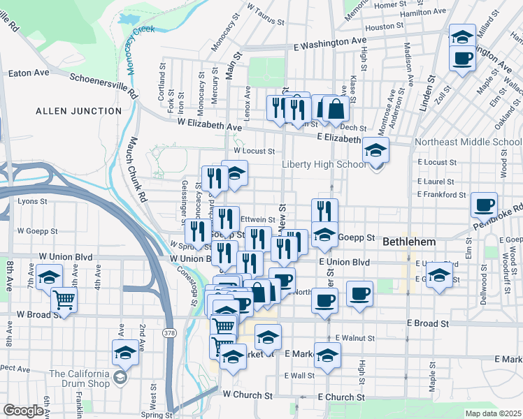 map of restaurants, bars, coffee shops, grocery stores, and more near 33 West Fairview Street in Bethlehem