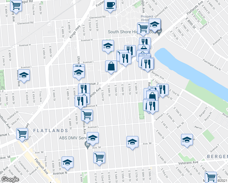 map of restaurants, bars, coffee shops, grocery stores, and more near 1208 East 55th Street in Brooklyn