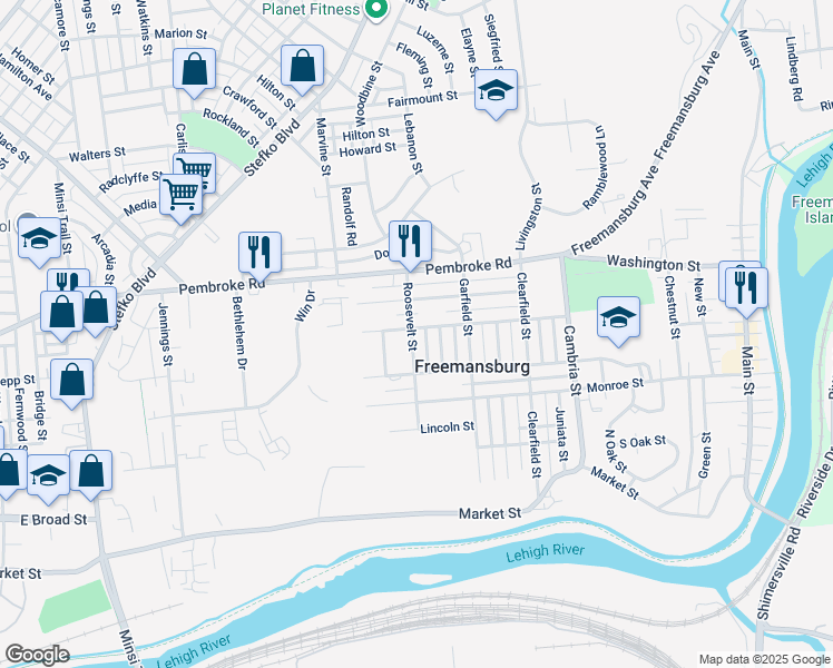 map of restaurants, bars, coffee shops, grocery stores, and more near 387 Roosevelt Street in Freemansburg