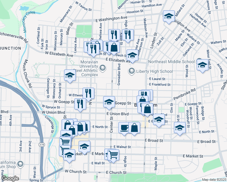 map of restaurants, bars, coffee shops, grocery stores, and more near 946 Center Street in Bethlehem