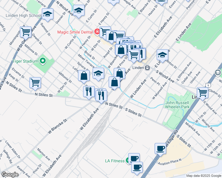 map of restaurants, bars, coffee shops, grocery stores, and more near 420 West Elizabeth Avenue in Linden
