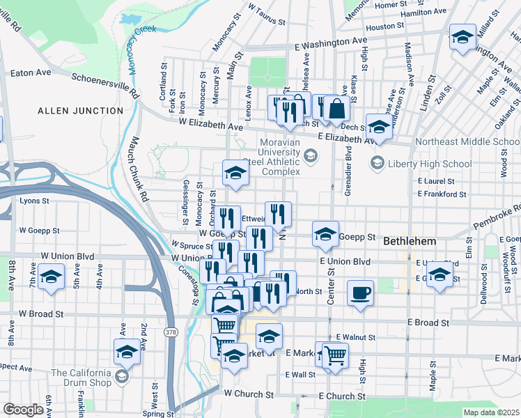 map of restaurants, bars, coffee shops, grocery stores, and more near 33 West Fairview Street in Bethlehem