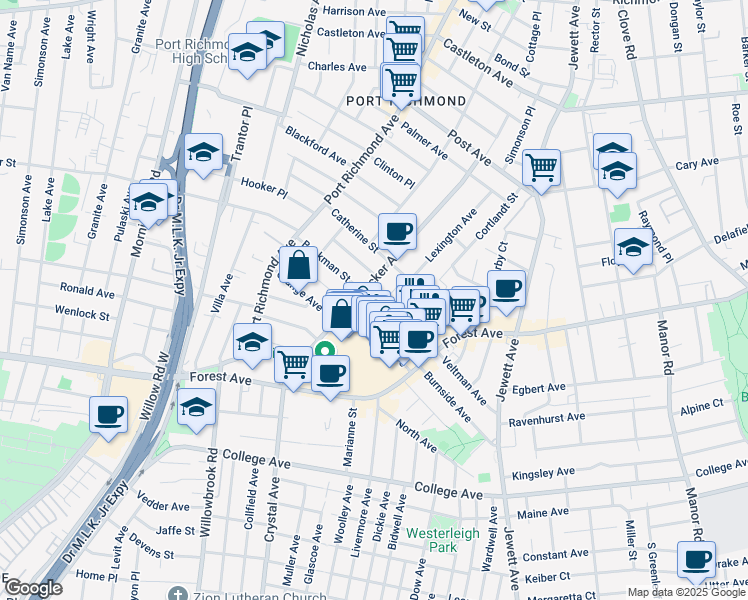 map of restaurants, bars, coffee shops, grocery stores, and more near 13 Cornell Street in Staten Island