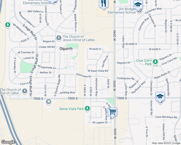 map of restaurants, bars, coffee shops, grocery stores, and more near 5781 West Dawn Vista Road in West Jordan