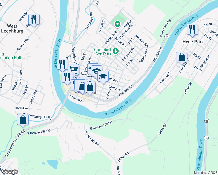 map of restaurants, bars, coffee shops, grocery stores, and more near 326 Grant Avenue in Leechburg