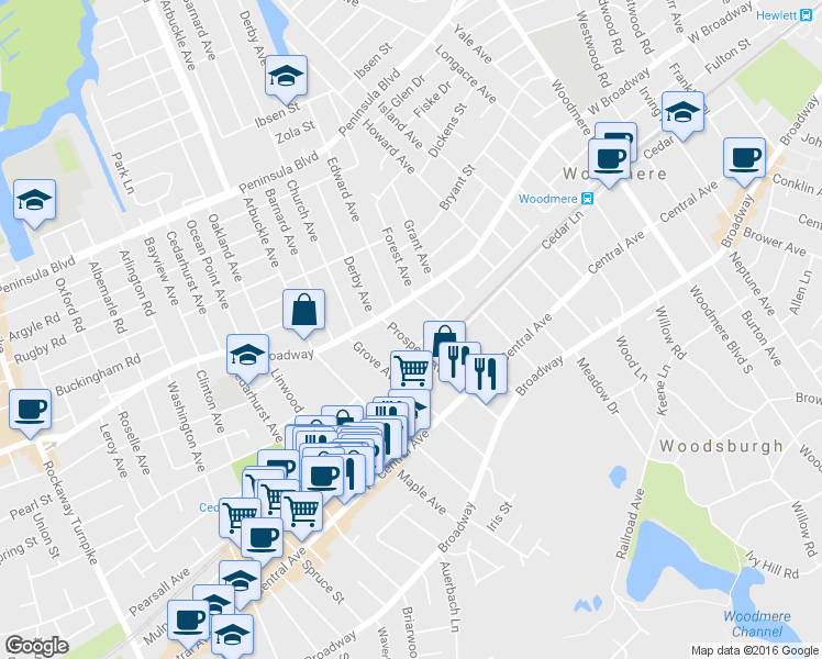 map of restaurants, bars, coffee shops, grocery stores, and more near 228 Prospect Ave in Woodmere