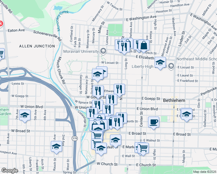 map of restaurants, bars, coffee shops, grocery stores, and more near 33 West Fairview Street in Bethlehem