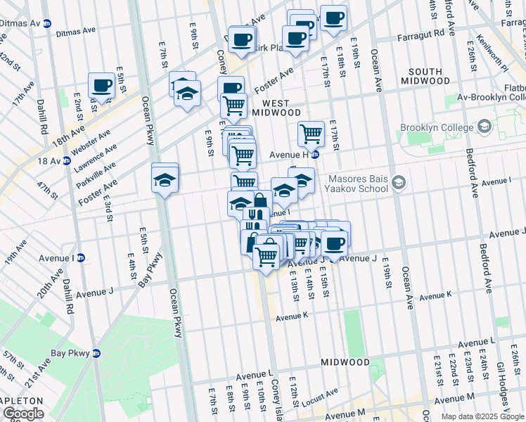 map of restaurants, bars, coffee shops, grocery stores, and more near 1109 Avenue I in Brooklyn