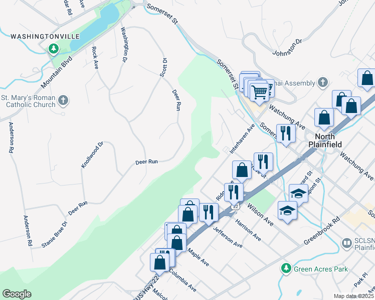 map of restaurants, bars, coffee shops, grocery stores, and more near 150 Deer Run in Watchung