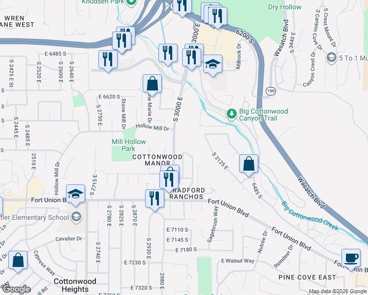 map of restaurants, bars, coffee shops, grocery stores, and more near 6807 Pine Rock Circle in Cottonwood Heights