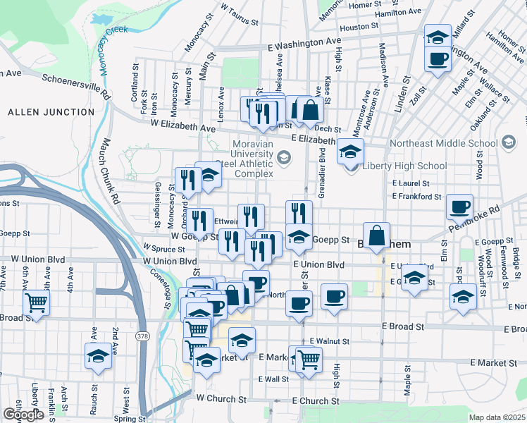 map of restaurants, bars, coffee shops, grocery stores, and more near 940 North New Street in Bethlehem