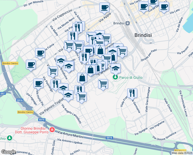 map of restaurants, bars, coffee shops, grocery stores, and more near 28 Viale Aldo Moro in Brindisi