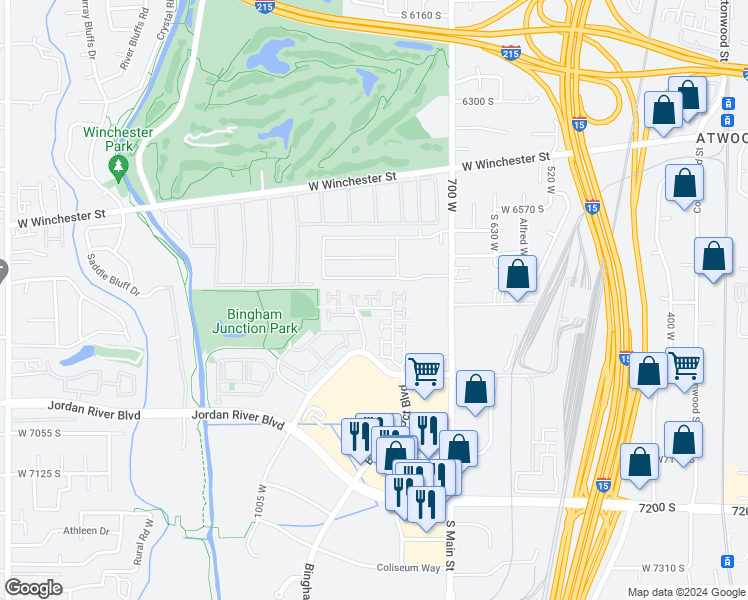 map of restaurants, bars, coffee shops, grocery stores, and more near 6807 Snickers Lane in Midvale
