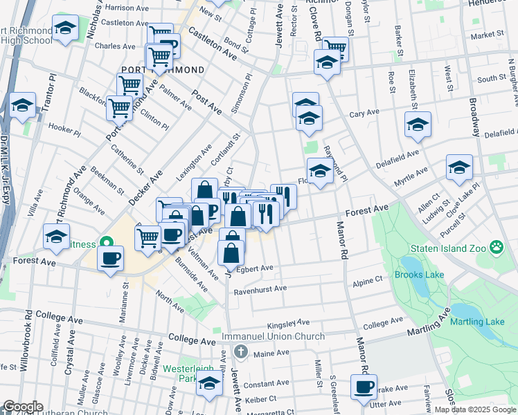 map of restaurants, bars, coffee shops, grocery stores, and more near 106A Llewellyn Place in Staten Island