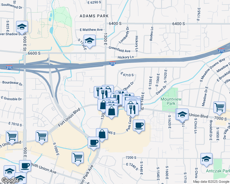 map of restaurants, bars, coffee shops, grocery stores, and more near 6789 Pine Knot Drive in Cottonwood Heights