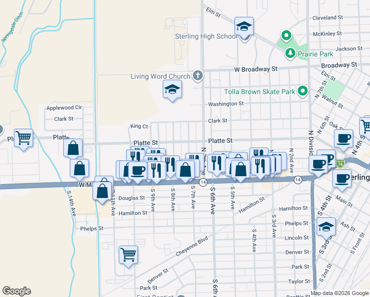 map of restaurants, bars, coffee shops, grocery stores, and more near 223 North 8th Avenue in Sterling