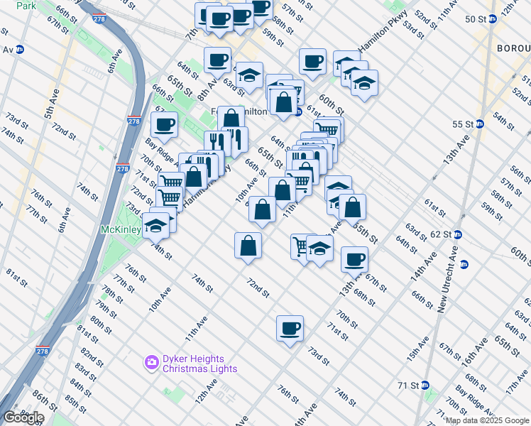 map of restaurants, bars, coffee shops, grocery stores, and more near 1055 68th Street in Brooklyn