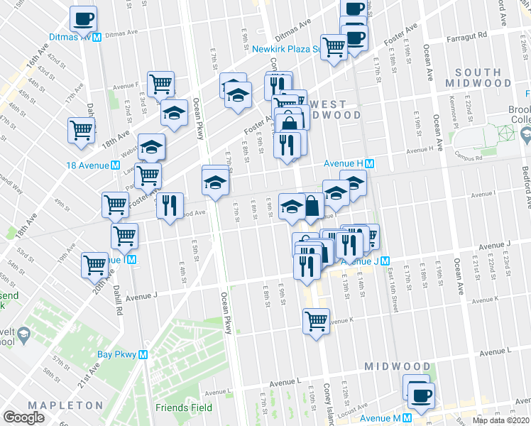 map of restaurants, bars, coffee shops, grocery stores, and more near 874 E 9th St in Brooklyn