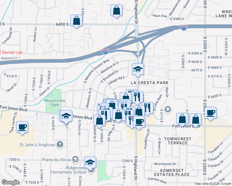 map of restaurants, bars, coffee shops, grocery stores, and more near 6819 South Greenfield Way in Cottonwood Heights