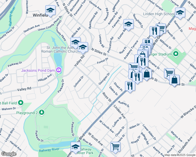 map of restaurants, bars, coffee shops, grocery stores, and more near 5 Rose Terrace in Clark