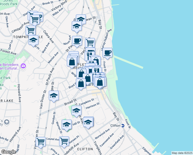 map of restaurants, bars, coffee shops, grocery stores, and more near 587 Bay Street in Staten Island