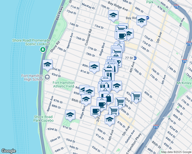 map of restaurants, bars, coffee shops, grocery stores, and more near 8101 Ridge Boulevard in Brooklyn
