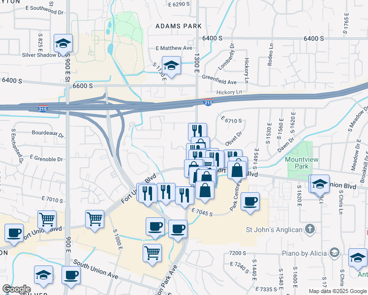 map of restaurants, bars, coffee shops, grocery stores, and more near 6820 South 1300 East in Cottonwood Heights