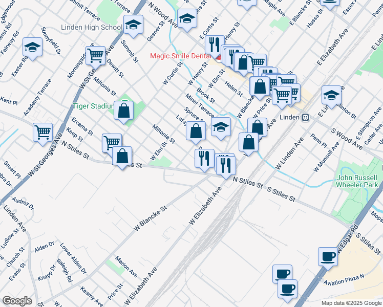 map of restaurants, bars, coffee shops, grocery stores, and more near 717 Knopf Street in Linden