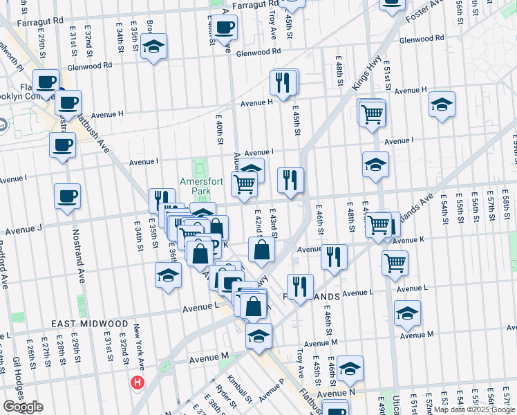 map of restaurants, bars, coffee shops, grocery stores, and more near 4212 Avenue J in Brooklyn