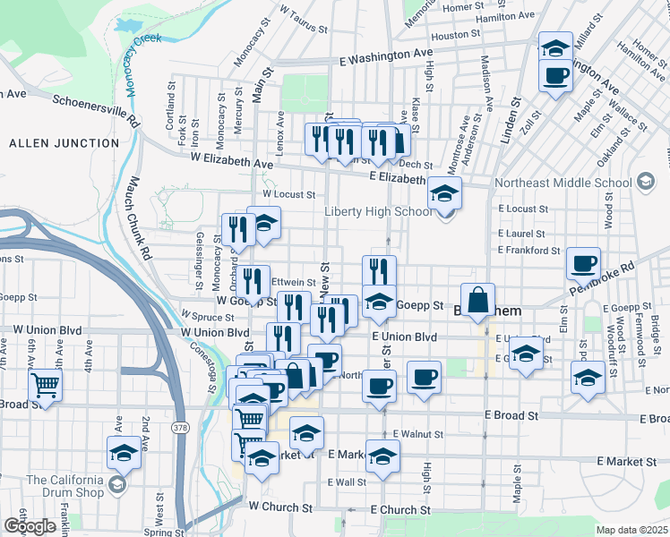 map of restaurants, bars, coffee shops, grocery stores, and more near 940 North New Street in Bethlehem