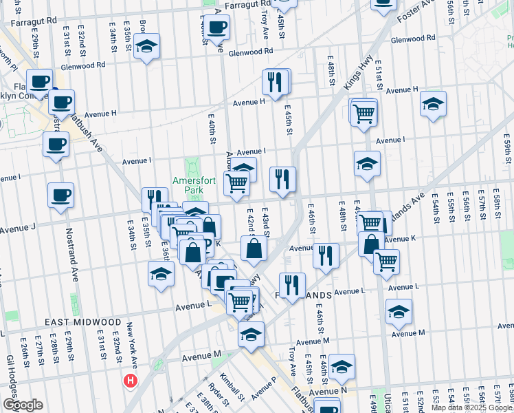 map of restaurants, bars, coffee shops, grocery stores, and more near 4212 Avenue J in Brooklyn
