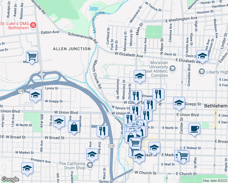 map of restaurants, bars, coffee shops, grocery stores, and more near 251 West Fairview Street in Bethlehem