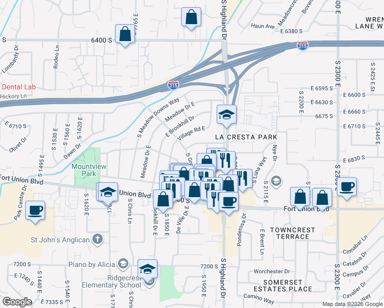 map of restaurants, bars, coffee shops, grocery stores, and more near 6819 South Greenfield Way in Cottonwood Heights