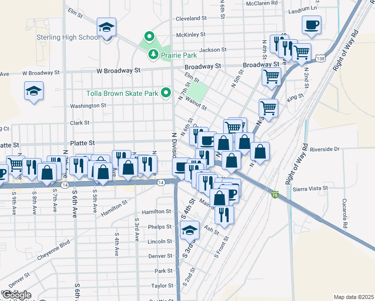 map of restaurants, bars, coffee shops, grocery stores, and more near 519 Chestnut Street in Sterling