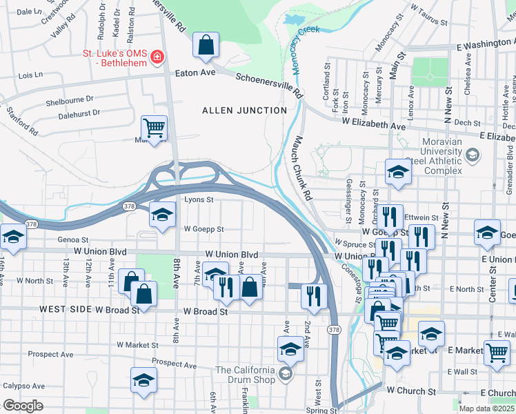 map of restaurants, bars, coffee shops, grocery stores, and more near 935 4th Ave in Bethlehem